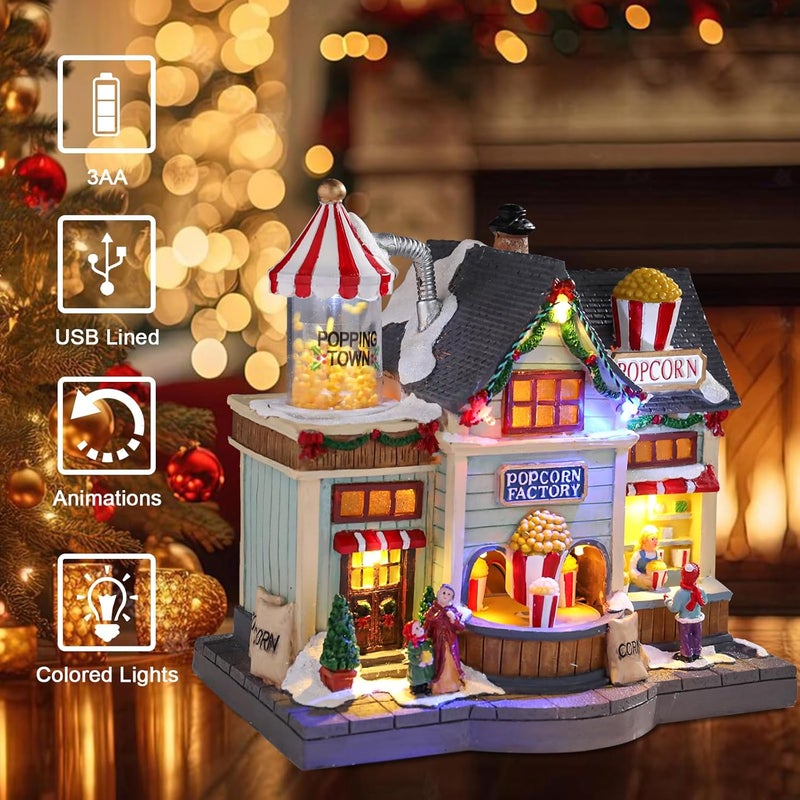 CHONSUN Christmas Village 8.7 Inch Popcorn Shop with LED Lights Resin Village Houses Holiday Music with USB/3AA Batteries Rendering Atmosphere Christmas Decorations - Image 5